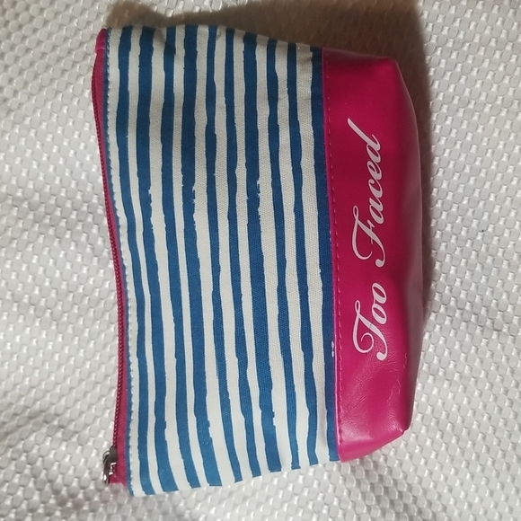 TOO FACED BLUE & WHITE STRIOED COSMETIC CASE - Picture 1 of 7
